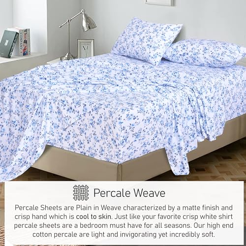 RUVANTI 100% Cotton Sheets - Crispy Cooling Percale Sheets for Queen Size Bed, Breathable & Durable Queen Sheet Set, 16 Inches Deep Pocket Bed Sheets, Prussian, 4 Pieces