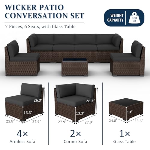 VONZOY Patio Furniture Set, 7 Pieces Outdoor Sectional Sofa Set with Waterproof Cover, PE Wicker Rattan Slanted Back Outdoor Conversation Set with Cushions and Glass Coffee Table, Dark Grey