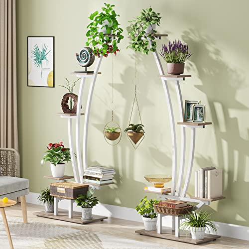 Tribesigns 6-Tier Tall Indoor Plant Stand Pack of 2, Metal Curved Display Shelf with 2 Hanging Hooks, Multi-Purpose Bonsai Flower Pots Plant Rack for Indoor, Garden, Balcony, Living Room
