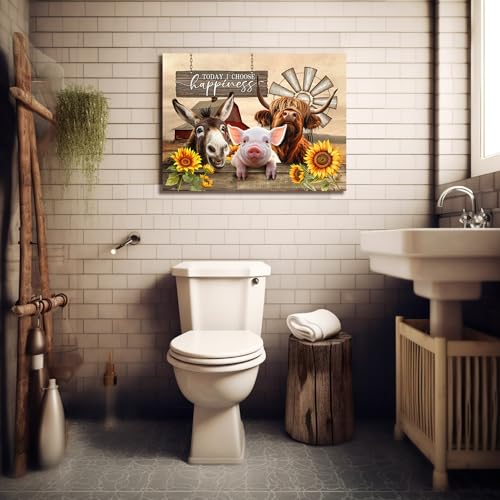 Funny Bathroom Wall Art Farmhouse Highland Cow Wall Art Country Cow Bathroom Pictures Wall Decor Rustic Cattle Canvas Framed Print Painting Artwork for Living Room Kitchen Bedroom Home Decor 12"x16"