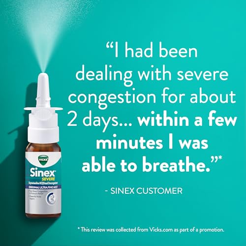 Vicks Sinex SEVERE Nasal Spray, Original Ultra Fine Mist, Decongestant Medicine, Relief from Stuffy Nose due to Cold or Allergy, & Nasal Congestion, Sinus Pressure Relief, 265 Sprays x 2