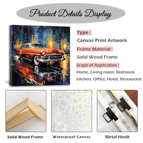 QIXIANG Abstract Car Wall Art Retro Red Car Picture Wall Decor Modern Home Decor Artwork Boys Room Bar Office Decor Ready to Hang (Red Car 2, 12.00" x 12.00")