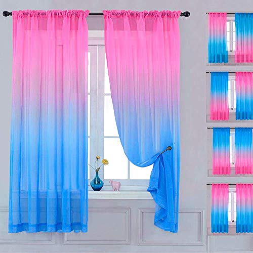 Yancorp Sheer Curtain Semi Bedroom Curtains 63 inches Length Linen Blue Beige Ombre Curtains Rod Pocket Drapes Girls Living Room Mermaid Bedroom Nursery Kids Window Decor, 1 Panel(Blue Beige,52"x63")