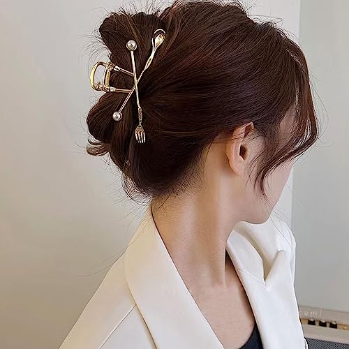 Forks Spoons Hair Clips with Pearl Gold Metal Hair Claw Clips for Women Girls Creative Forks and Spoons Hair Accessories Shiny Elegant Hairpins Strong Hold Nonslip Hair Clip Goddess Look 1 Pcs