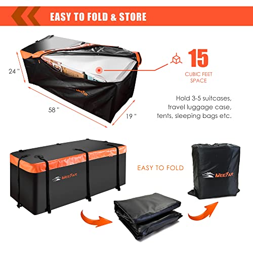 MeeFar Hitch Mount Cargo Carrier Bag Soft Shell 100% Waterproof 15 Cubic Feet (58" 19" 24") Include 8 Reinforced Straps for Truck Pickup All Vehicle with Steel Cargo Basket