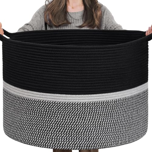 CHICVITA Extra Large Laundry Basket, Woven Rope Blanket Basket For Towels, Clothes, Toy Storage Baskets, Pillow Baskets For Living Room, Family Room, 22 x 22 x 14 inches, Black