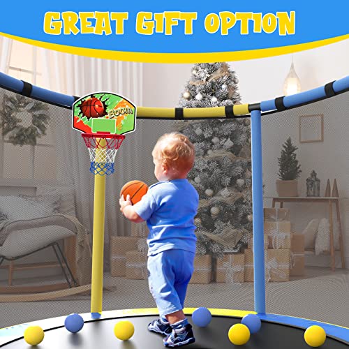 BCAN 60'' Mini Trampoline for Kids, 5FT Toddler Trampoline - Indoor/Outdoor Use with Enclosure Net, Thicker Foam Handle, Adjustable Gymnastics Bars, Basketball Hoop, Gifts for Boys & Girls