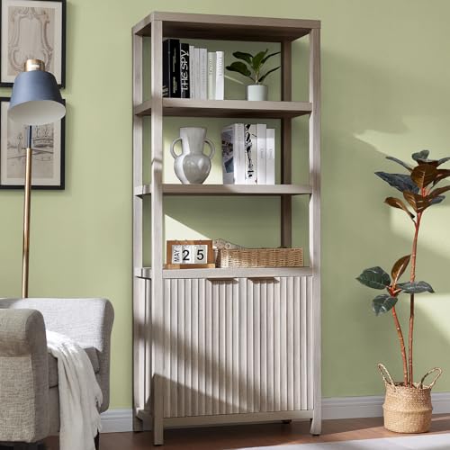 OAKHAM HOME Oxford Bookshelf, Tall Book Shelf with Doors Cabinet, 5-Tier Bookcase, Large Wooden Bookshelves with Fluted Panel, Bookcases with Storage for Living Room, Bedroom (Gray Oak)