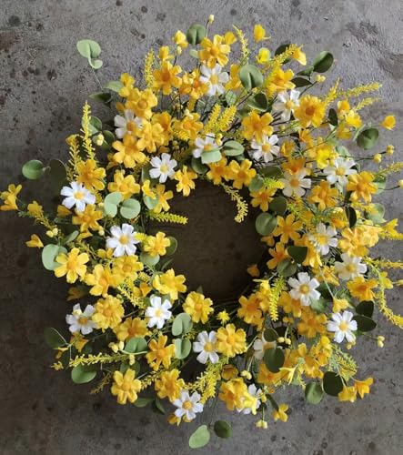 LSKYTOP 24Inches Artificial Daisy Flower Wreath with Eucalyptus Green Leave Spring Summer Wreath for Front Door Wall Decor