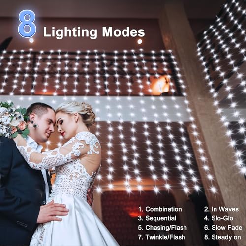 echosari Christmas Curtain Lights Solar Powered 7.9ft x 6ft 144 LED Outdoor Curtain Lights Waterproof with Timer 8 Modes for Christmas Garden Patio Fence Wedding Wall Window Gazebo Decor Cool White