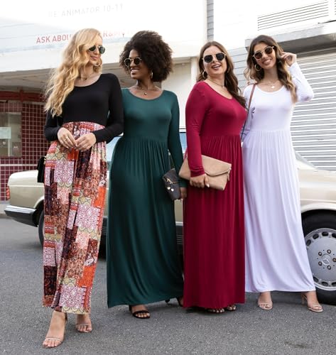 VIISHOW Women's Long Sleeve Loose Plain Maxi Dresses Casual Long Dresses with Pockets(F White Stripes,Meduim)