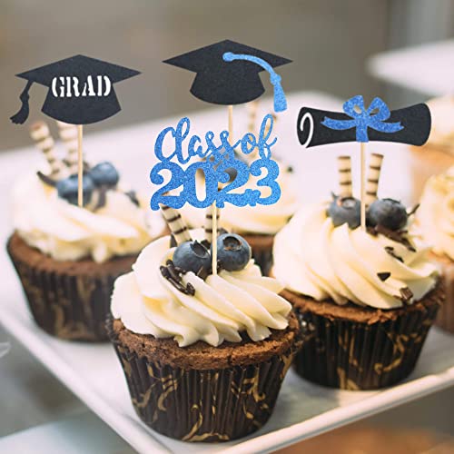 24Pcs 2023 Graduation Cupcake Toppers Gold Glitter 2023 Grad Cap Cupcake Picks Cake Decorations Graduation Theme Party Supplies