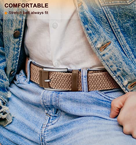 BULLIANT Belt for Men 2Pack,Mens Gift Stretch Braided Web Belt Elastic for Casual Golf Jeans,1 3/8"(Black/Antique Blue,26"-32" Waist Adjustable)