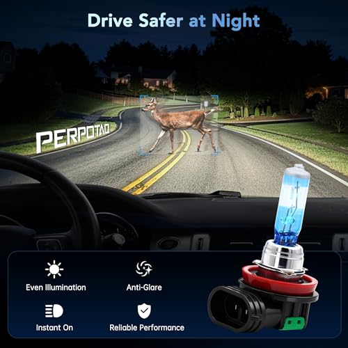 PERPOTAO H11 Halogen Bulbs, 12V 55W, 4000K White, High Performance, Brighter Whiter Light, High/Low Beam & Fog Light Bulb Replacement, Long Life, Plug and Play, 2 Pack