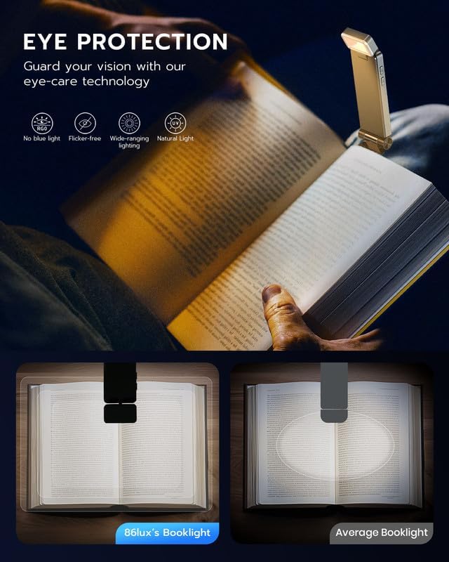 86lux Book Light, Rechargeable Reading Lights for Books in Bed, Ultralight Clip-on LED Bookmark Lamp with 3 Amber Colors & Stepless Dimming for Night Reading for Book Lovers, Kids, Mint Green