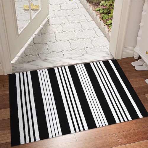 Ailsan Black and White Striped Rug Doormat 24"x35", Washable Black Front Door Mats, Woven Outdoor Porch Rug for Layered Kitchen/Farmhouse/Home Entrance