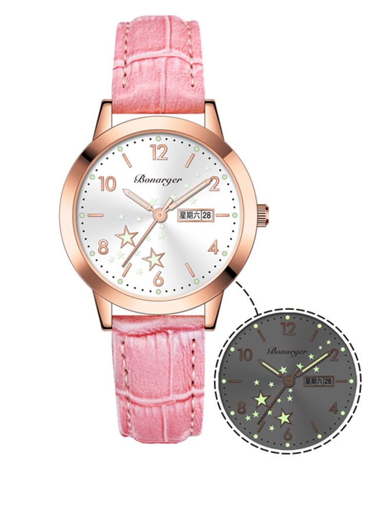 Women's Casual Wrist Watch, Leather Band Analog Quartz Ladies Dress Watch with Calendar Date, Classic Gifts for Her (Pink)