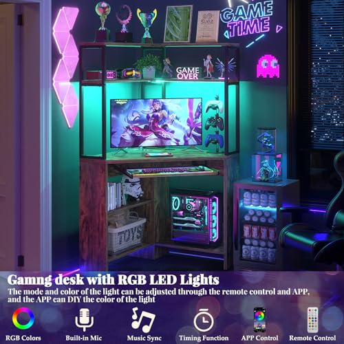 Cyclysio Small Corner Desk with Hutch, Heavy Duty Corner Computer Desk with Power Outlets & LED Light, Triangle Corner Gaming Desk with Keyboard Tray for Home Office, Small Space, Workstation Black
