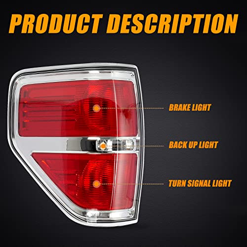 RANSOTO F150 Tail Light Compatible With Ford F-150 2009 2010 2011 2012 2013 2014 Left Driver Side Brake Light - Chrome Trim