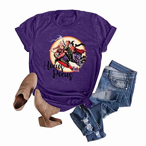 Anbech Womens Hocus Pocus Sanderson Sisters Tshirt Halloween Print Classic Movie Tee Tops (Purple, S)
