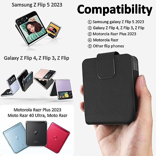 for Motorola Razr 2023 Case,Motorola Razr Plus 2023 Case,Samsung Galaxy Z Flip 5/4/3 Phone Pouch Holster Belt Case, Leather Pouch with Metal Clip for Phone Holster Case for Galaxy Z Flip 5,Black