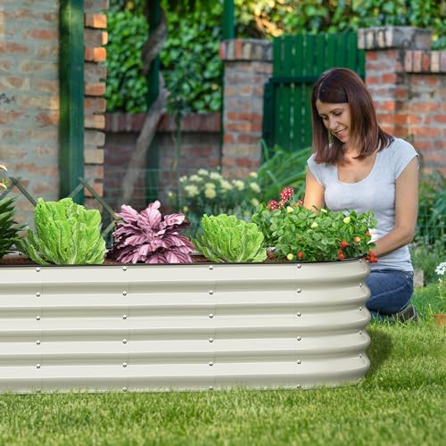 Pattiumo Oval 8x2x1.5 FT Galvanized Raised Garden Bed Kit, 7 in 1 Large Metal Planter Box for Outdoor Gardening, 18” Garden Bed for Vegetables Flower Herb(Pearl White)
