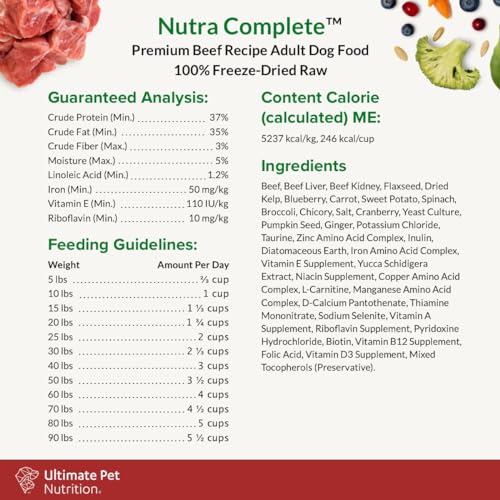 ULTIMATE PET NUTRITION Nutra Complete Freeze Dried Raw Dog Food, Veterinarian Formulated with Antioxidants, Prebiotics & Amino Acids (5 Ounce, Beef)