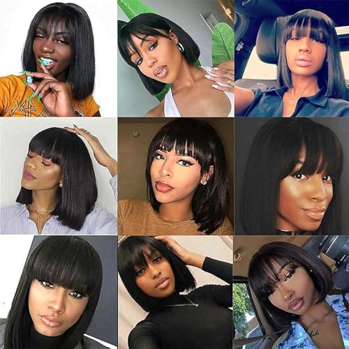 HOTJAR 8 Inch Bob Wig With Bangs Human Hair Short Straight Bob Wig Human Hair Glueless With Bangs For Women Non Lace Front Wig (019# 8 Inch NT#)