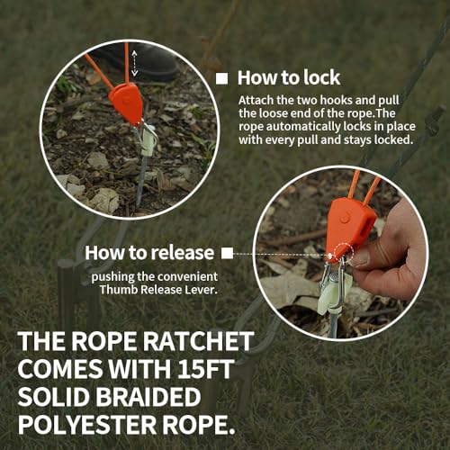 2pcs 15ft Ratchet Tie Down Rope Canopy Tent Tie Downs Strap Retractable Hanger with Hooks Reinforced Metal Gear for Camping Essentials 5/32"