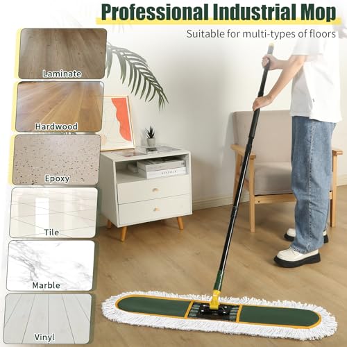 36" Commercial Dust Mop for Floor Cleaning with 2 Replacement Mop Pads, Heavy Duty Industrial Large Floor Wet Dry Mop for Cleaning Office Garage Hardwood Warehouse Factory Mall