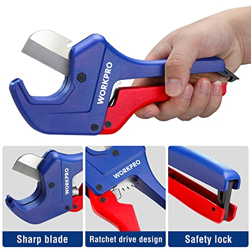 WORKPRO Ratchet PVC Pipe Cutter, Up to 1-5/8", Plastic Pipe and Tubing Cutter for PEX, PVC, PPR, and Plastic Hoses, High-quality Aluminum Die-casting Body with Sharp Stainless Steel Blades
