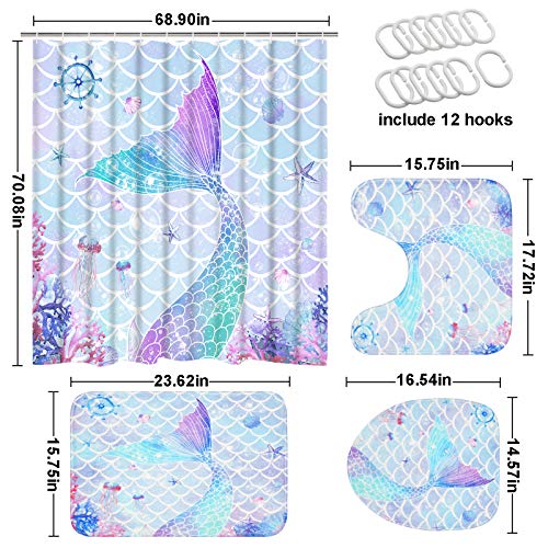 4 Pcs Flower Butterfly Shower Curtain Set with Non-Slip Rug, Toilet Lid Cover and Mat, Colorful Floral Shower Curtain with 12 Hooks, Waterproof Fabric Bath Curtain for Bathroom, Blue