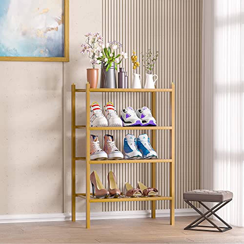OYREL Narrow Shoe Rack for Closet,Sturdy Small Shoe Rack Organizer,4 Tier Stackable Shoe Storage for Small Space,Beautiful Natural Bamboo Shoe Rack Entryway