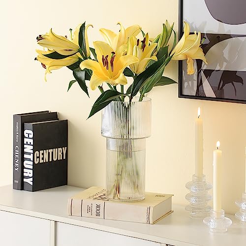 YANWE1 Large Glass Vase, 12 Inches Tall Vase for Flowers, Flower Vases for Bouquet, Modern Ribbed Glass Vases for Living Room, Dining Table, Office, Entryway, Mantle, Shelf, Wedding Gifts