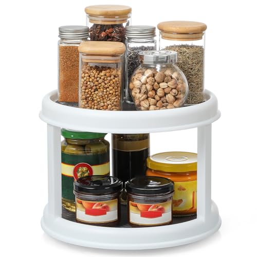 2 Tier 10" Turntable Lazy Susan Spice Organizer - Rotating Seasoning Rack for Pantry Cabinet Kitchen Countertop, Table Top Organizing - Multiuse Two Tier Rotating Organization Rack Spinner