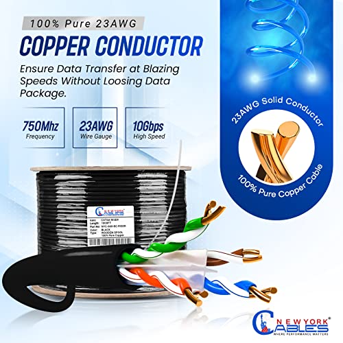 NewYork Cables Cat6a Riser Cable 1000ft - Certified 100% Solid Bare Copper Cat 6a Ethernet Cable – CMR, 23 AWG, 750 MHz, PoE++ - Unshielded Twisted Pair (UTP) -10 GB High Speed for Networking & Gaming