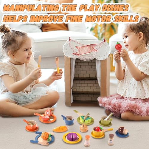 GAGAKU Wooden Play Food Sets for Kids Kitchen,Montessori Wooden Play Food Toys Play Plates and Dishes for Kids Wooden Play Kitchen Accessories Play Dishes for Toddler Boys Girls Gifts