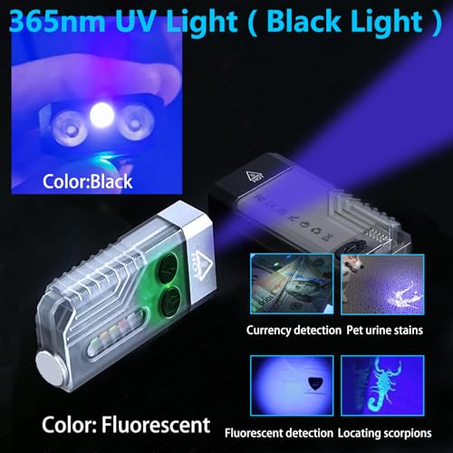 NGOKPYD V10 Small LED Rechargeable Flashlights with 365nm UV Black Light,Brightest 1000LM 14 Modes Mini Pocket EDC Powerful Keychain Flashlight Gift for Gentleman(Black Transparent)