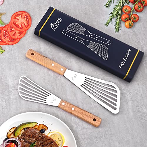 HOTEC 2pcs Stainless Steel Wooden Handle Fish Spatula, Metal Spatula Flipping Foods