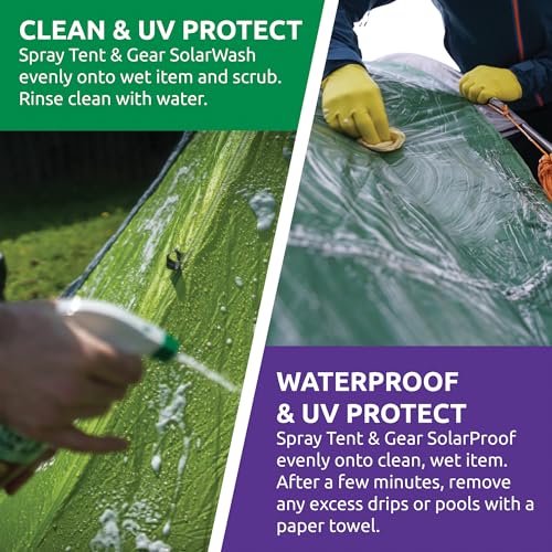 Nikwax Tent & Gear, Tent & Gear Duo-Pack, 500ml, SolarWash & SolarProof, Cleaning & Waterproofing Spray, Cleaner, Restores DWR Water Repellency on Outdoor Fabric, Rain Fly, Backpacks