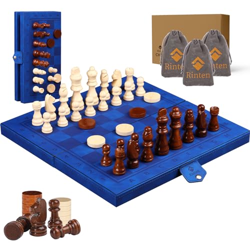 Rinten 2 in 1 Magnetic Chess Set & Checkers Board Game, 12" Handmade Folding Chess Board, Portable Travel Chess Set, Beginner Chess Board Game for Adults & Kids