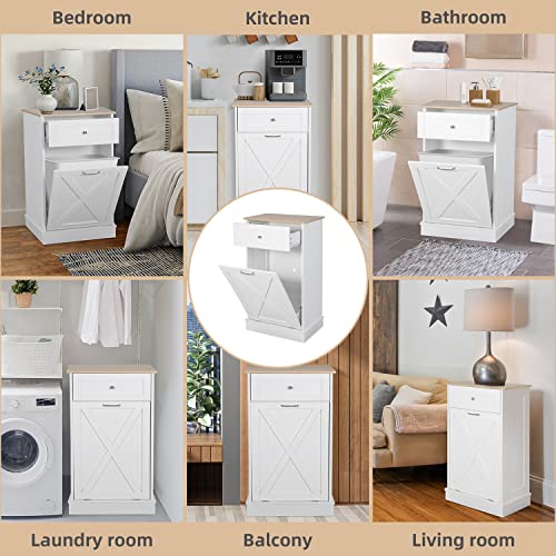 Puluomis Tilt Out Trash Cabinet-Free Standing Kitchen Waste Bin-Wooden Recycling Trash Cabinet with Drawer-Grey