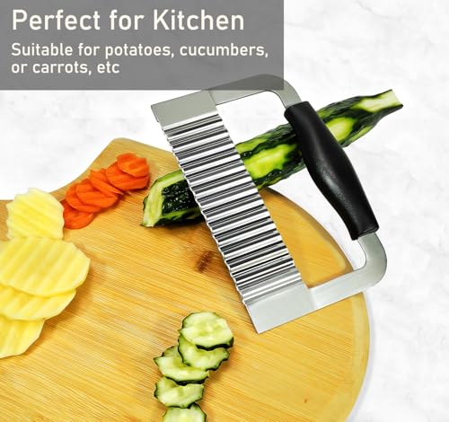 Crinkle Cutter Stainless Steel Potato Slicer Heavy Duty Wavy Crinkle Cutting Chopping Tools with Wooden Handle for Carrot Veggies (1, Black)