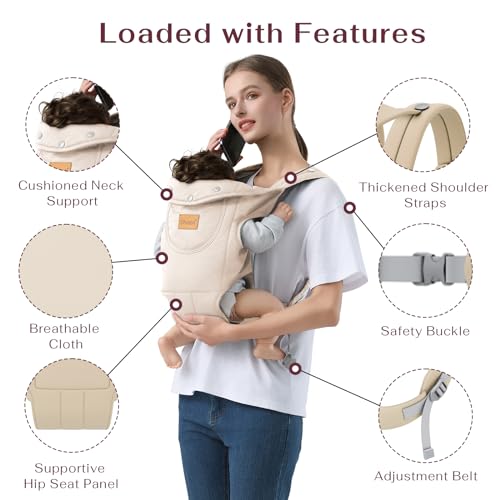 Shiaon Baby Carrier Newborn to Toddler, Cozy Baby Wrap Carrier(7-30lbs), Easily Adjustable Toddler Carrier, Lightweight Baby Holder Carrier, Beige