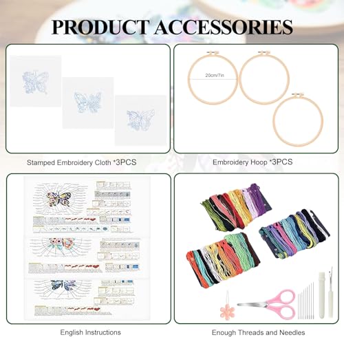 KAHEAUM Embroidery Kit for Beginners Adults Butterfly Cross Stitch Kits for Kids Gift Home,3 Set Advanced Starter Embroidery Patterns Fabric with Color Floss Thread Needle Scissors,3PCS Plastic Hoops