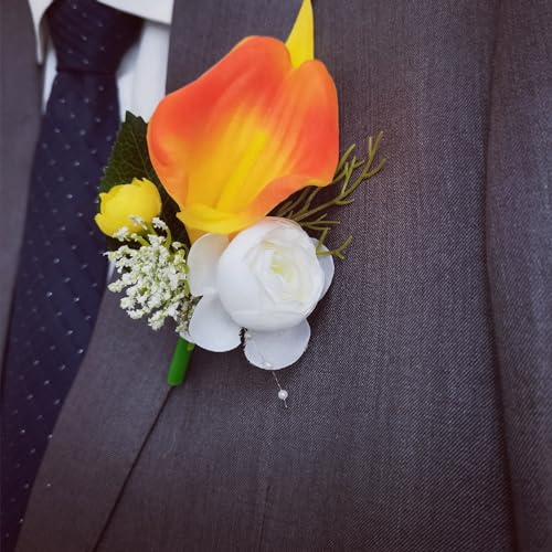 YIFUwedding Calla Lily Wrist Flower,Set of 6, Bridesmaid Wedding Party Wrist Flower,Bridal Flower Used for Dance Parties,Groom and Groomsman, Corsage (6 Orange Corsage)