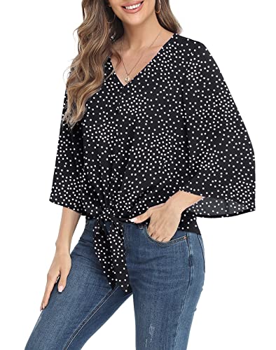 VIISHOW Women's V Neck Tops 3/4 Sleeve Tie Knot Blouses Casual Button Decorative Work Shirts,Wine red,Medium