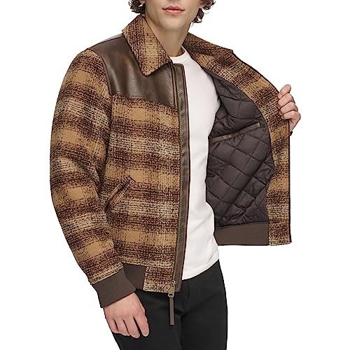 Levi's Men's Mixed Media Western Plaid Bomber Jacket, Brown Ombre