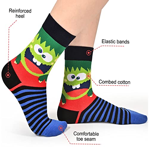 Dsia Zamur 6 Pack Novelty Kids Boys Monster Socks + Gift Box, Funny Crazy Eyes Colorful Athletic Halloween Christmas Stripe Calf Crew Socks for Girls Children Sons 2-4 Years