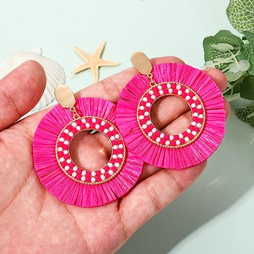 Raffia Round Dangle Earrings Handmade Beaded Raffia Dangle Earrings Boho Summer Beach Dangling Earrings Trendy Statement Geometric Earrings Jewlery for Women (hot pink raffia round earrings)